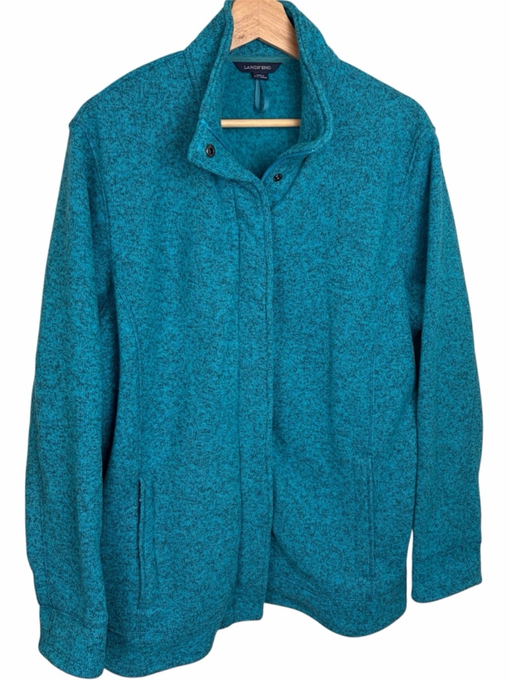 Women’s Lands End Sweater Fleece Jacket, Zip & Snap Front, Teal Waters Blue, 1X